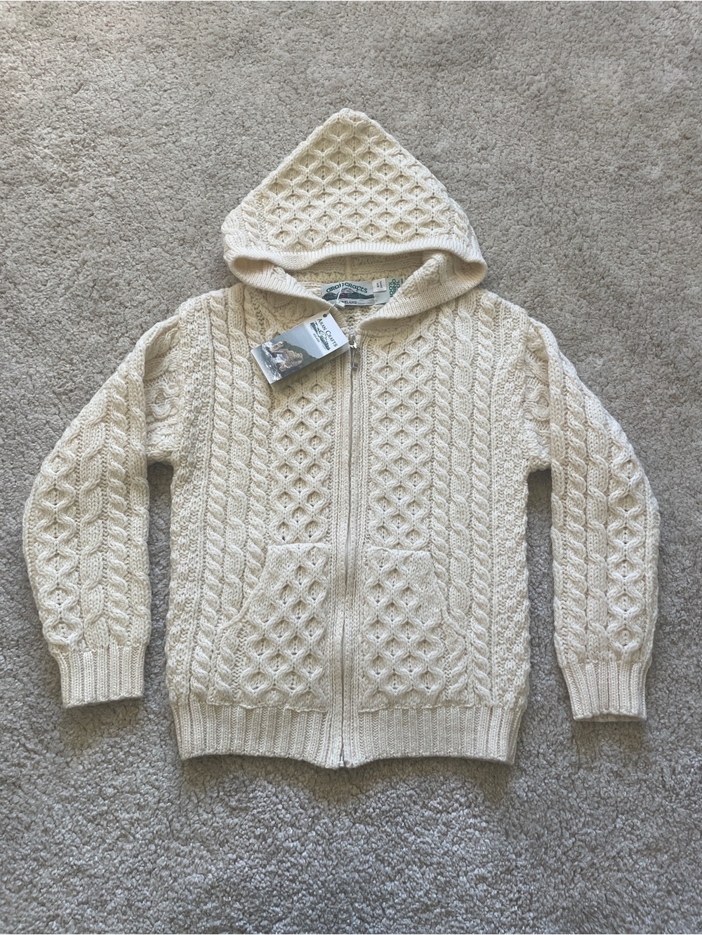 New! Aran Crafts 100% Merino Wool Hooded Cardigan with Pockets size 8/11 years